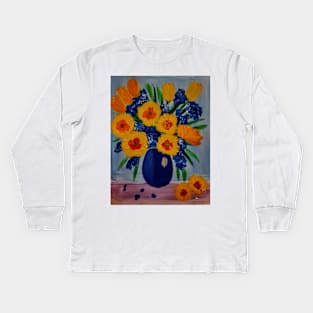 Tulips and carnations on a metallic blue vase Kids Long Sleeve T-Shirt